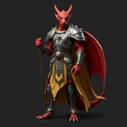 A standing male dragonborn paladin with striking red scales, embodying strength and honor