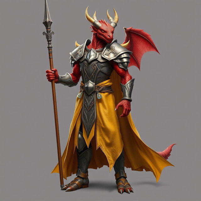 A standing male dragonborn paladin with striking red scales, embodying strength and honor