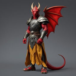A standing male dragonborn paladin with striking red scales, embodying strength and honor
