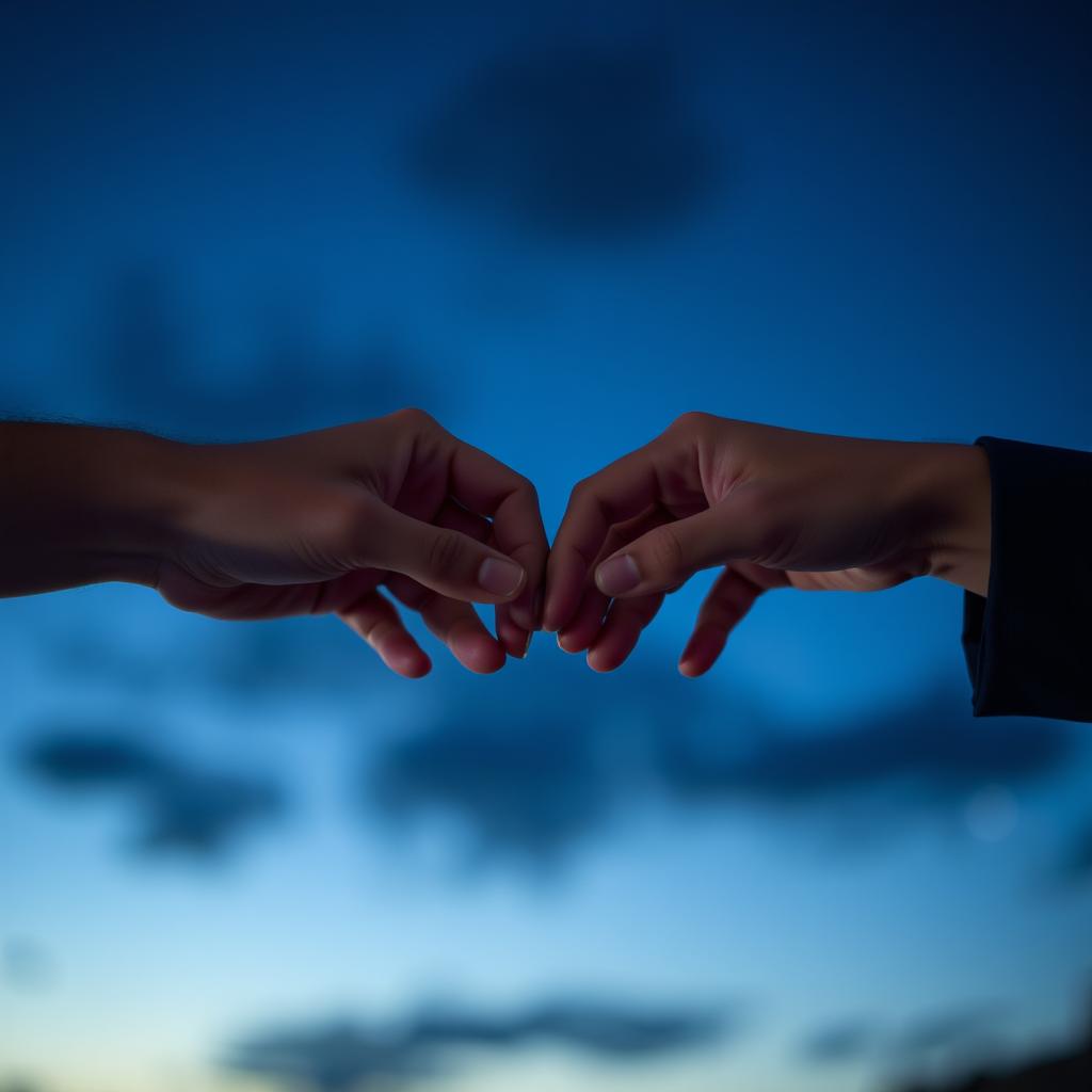 Two hands almost touching but not quite meeting, set against a blurred background resembling a twilight sky or a starry night