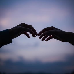 Two hands almost touching but not quite meeting, set against a blurred background resembling a twilight sky or a starry night