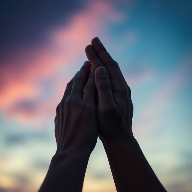 Two hands almost touching but not quite meeting, set against a blurred background resembling a twilight sky or a starry night