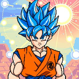 A vibrant pixel art illustration of Goku in his Super Saiyan Blue form, characterized by his distinct blue spiky hair and his traditional orange gi with blue accents