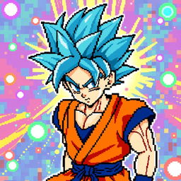 A vibrant pixel art illustration of Goku in his Super Saiyan Blue form, characterized by his distinct blue spiky hair and his traditional orange gi with blue accents