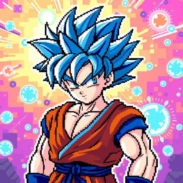 A vibrant pixel art illustration of Goku in his Super Saiyan Blue form, characterized by his distinct blue spiky hair and his traditional orange gi with blue accents