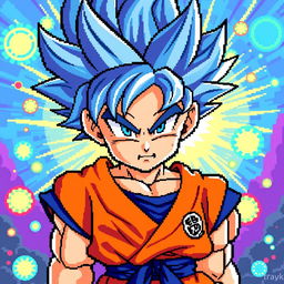 A vibrant pixel art illustration of Goku in his Super Saiyan Blue form, characterized by his distinct blue spiky hair and his traditional orange gi with blue accents