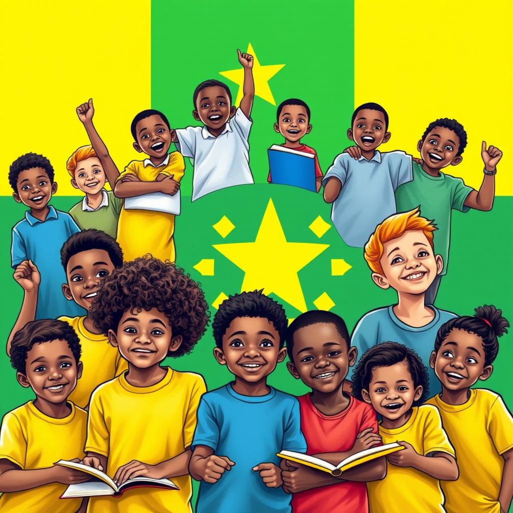 A vibrant and inspiring scene showing young boys and girls full of ambition, exuding confidence and determination as they engage in various activities like studying, collaborating, and dreaming big