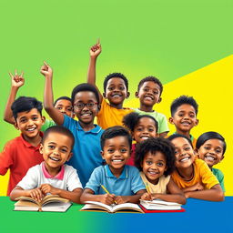 A vibrant and inspiring scene showing young boys and girls full of ambition, exuding confidence and determination as they engage in various activities like studying, collaborating, and dreaming big