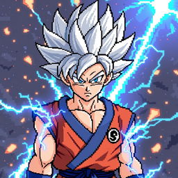 An exciting pixel art representation of Goku in his Ultra Instinct form, featuring his silver spiky hair and his signature gi with blue and gray accents