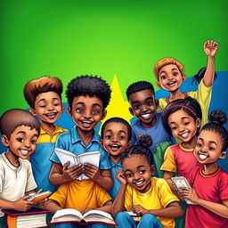 A vibrant and uplifting scene depicting young boys and girls brimming with ambition and determination as they engage in various activities like studying, brainstorming, and supporting each other