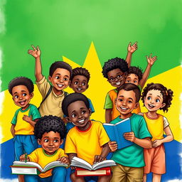 A vibrant and uplifting scene depicting young boys and girls brimming with ambition and determination as they engage in various activities like studying, brainstorming, and supporting each other