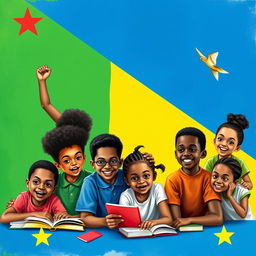 A vibrant and uplifting scene depicting young boys and girls brimming with ambition and determination as they engage in various activities like studying, brainstorming, and supporting each other