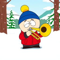 A cartoon-style illustration featuring Eric Cartman from South Park joyfully playing a trombone