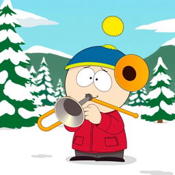 A cartoon-style illustration featuring Eric Cartman from South Park joyfully playing a trombone