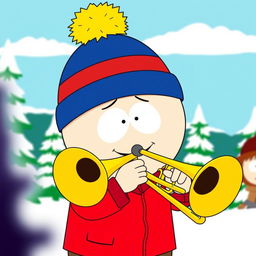 A cartoon-style illustration featuring Eric Cartman from South Park joyfully playing a trombone