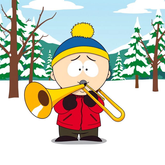 A cartoon-style illustration featuring Eric Cartman from South Park joyfully playing a trombone