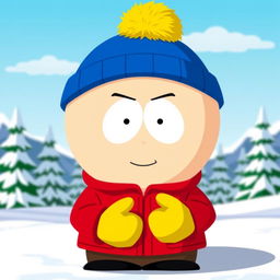 A stylized cartoon character representing a comedic version inspired by South Park, featuring a round face, wearing a red jacket, yellow mittens, a blue hat with a yellow puffball on top, and holding a mischievous grin