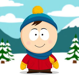 A stylized cartoon character representing a comedic version inspired by South Park, featuring a round face, wearing a red jacket, yellow mittens, a blue hat with a yellow puffball on top, and holding a mischievous grin