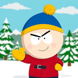 A stylized cartoon character representing a comedic version inspired by South Park, featuring a round face, wearing a red jacket, yellow mittens, a blue hat with a yellow puffball on top, and holding a mischievous grin