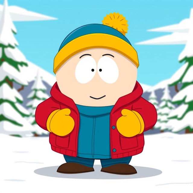 A stylized cartoon character representing a comedic version inspired by South Park, featuring a round face, wearing a red jacket, yellow mittens, a blue hat with a yellow puffball on top, and holding a mischievous grin