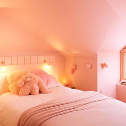 A cosy, cute bedroom adorned with light pastel colors, fluffy pillows, warm lights, and minimalist furniture.