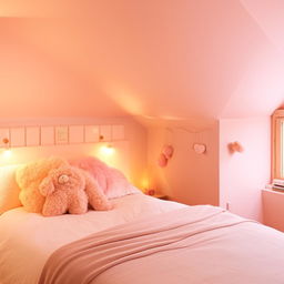 A cosy, cute bedroom adorned with light pastel colors, fluffy pillows, warm lights, and minimalist furniture.