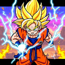 A dynamic pixel art representation of Goku in his Super Saiyan 2 form, showcasing his iconic spiky golden hair and his traditional orange gi with a blue undershirt