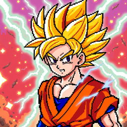 A dynamic pixel art representation of Goku in his Super Saiyan 2 form, showcasing his iconic spiky golden hair and his traditional orange gi with a blue undershirt