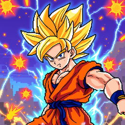 A dynamic pixel art representation of Goku in his Super Saiyan 2 form, showcasing his iconic spiky golden hair and his traditional orange gi with a blue undershirt