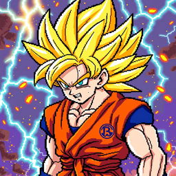 A dynamic pixel art representation of Goku in his Super Saiyan 2 form, showcasing his iconic spiky golden hair and his traditional orange gi with a blue undershirt