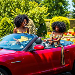 A vibrant scene of two stylish black girls washing cars under the bright sun
