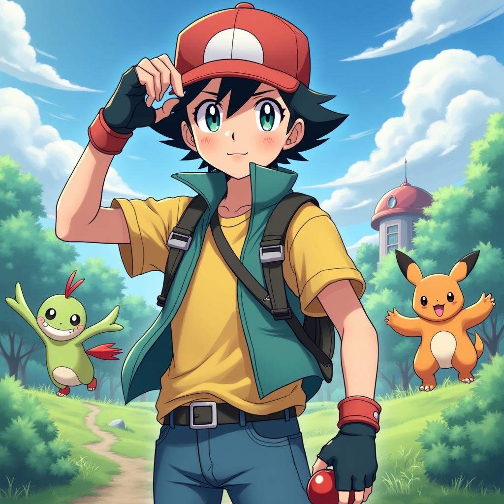 A dynamic illustration of a young Pokémon Trainer resembling Ash Ketchum, characterized by his iconic cap, fingerless gloves, and casual attire