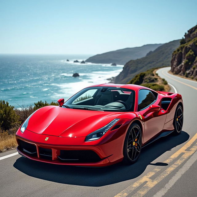 A stunning red Ferrari sports car, gleaming in the sunlight, parked on a scenic coastal road