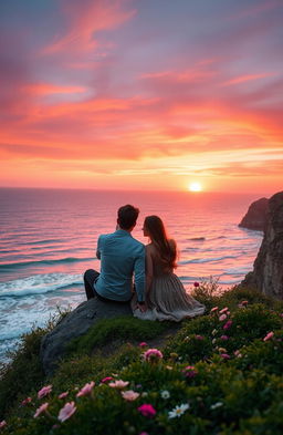 A romantic scene depicting a couple sitting on the edge of a cliff, gazing at a stunning sunset