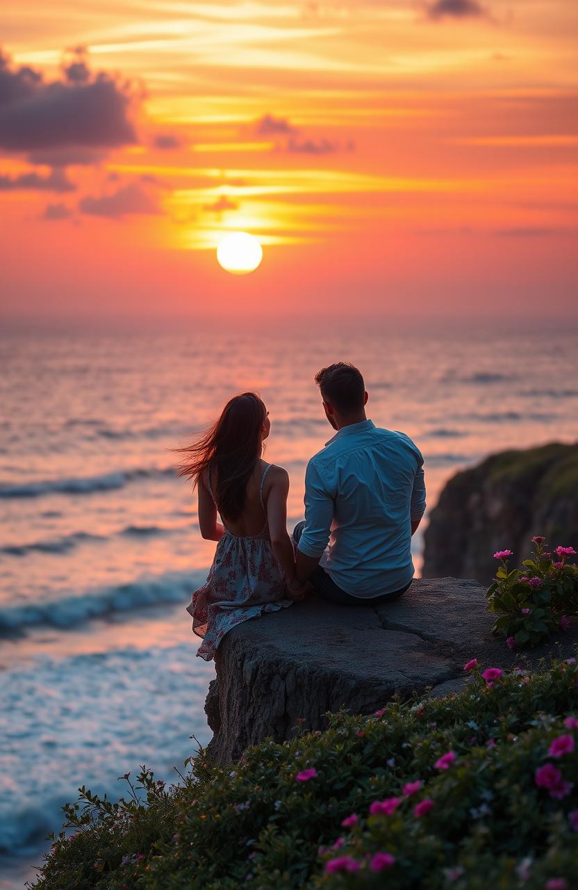 A romantic scene depicting a couple sitting on the edge of a cliff, gazing at a stunning sunset