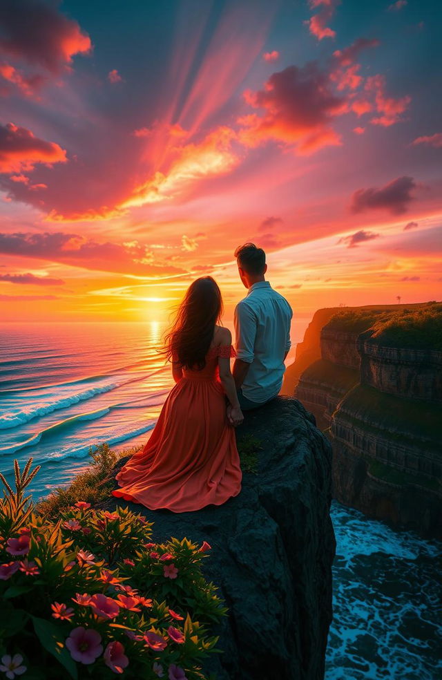 A romantic scene depicting a couple sitting on the edge of a cliff, gazing at a stunning sunset