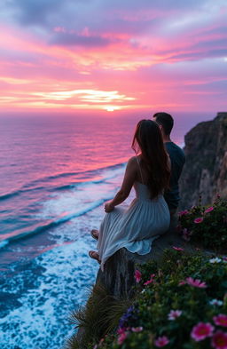 A romantic scene depicting a couple sitting on the edge of a cliff, gazing at a stunning sunset