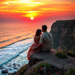 A picturesque scene featuring a couple sitting on the edge of a cliff, closely watching a breathtaking sunset
