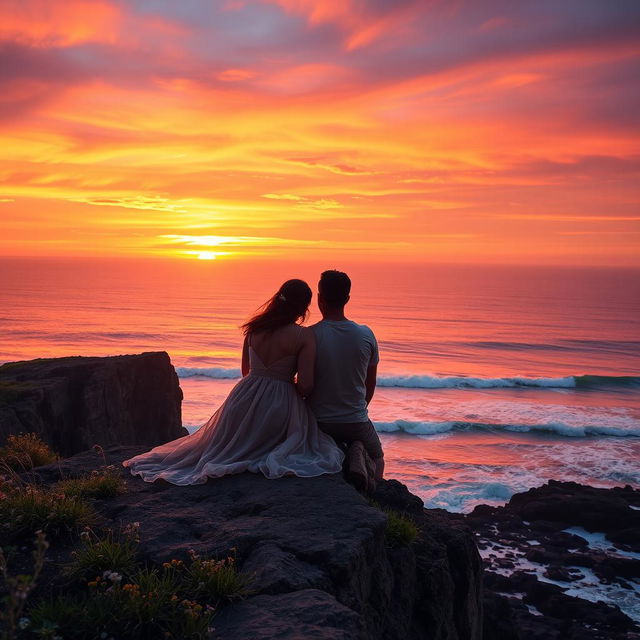 A picturesque scene featuring a couple sitting on the edge of a cliff, closely watching a breathtaking sunset