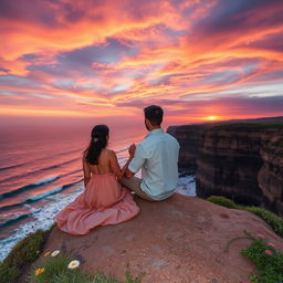 A picturesque scene featuring a couple sitting on the edge of a cliff, closely watching a breathtaking sunset