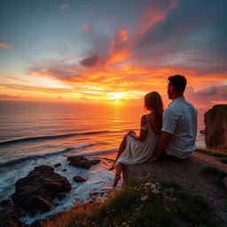 A picturesque scene featuring a couple sitting on the edge of a cliff, closely watching a breathtaking sunset