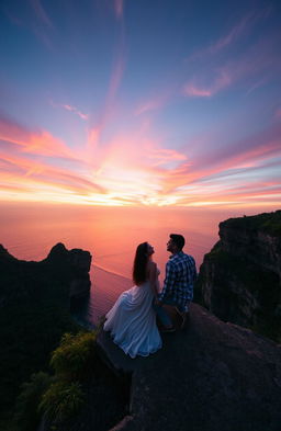 A romantic couple sitting on the edge of a majestic cliff, gazing at a breathtaking sunset