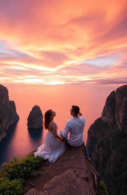 A romantic couple sitting on the edge of a majestic cliff, gazing at a breathtaking sunset
