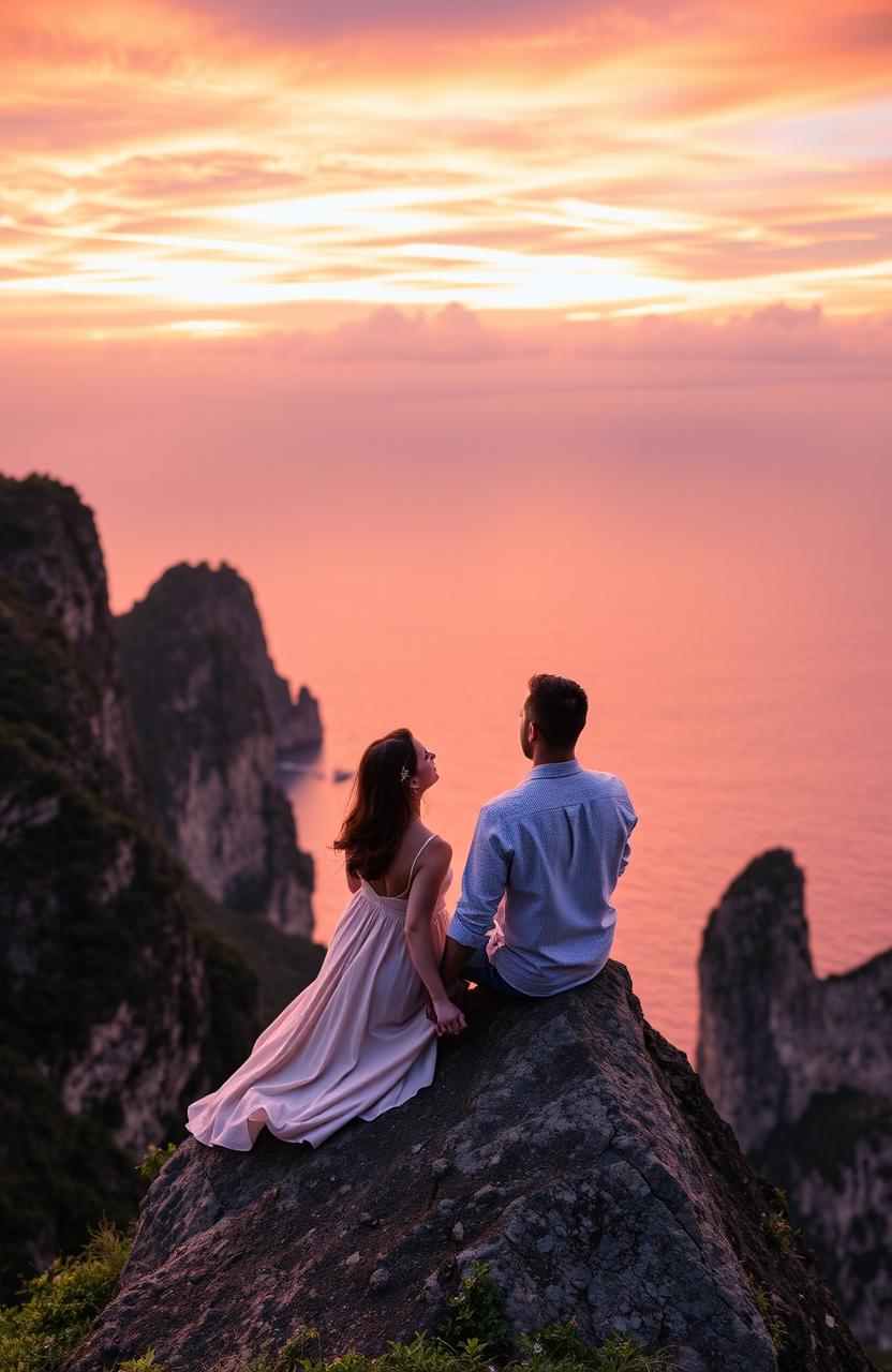 A romantic couple sitting on the edge of a majestic cliff, gazing at a breathtaking sunset