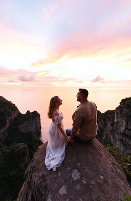 A romantic couple sitting on the edge of a majestic cliff, gazing at a breathtaking sunset