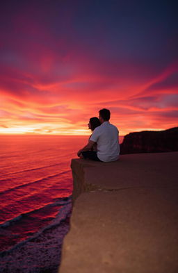 A romantic couple sitting closely together on the edge of a breathtaking cliff, admiring a vibrant sunset that fills the sky with hues of orange, pink, and purple