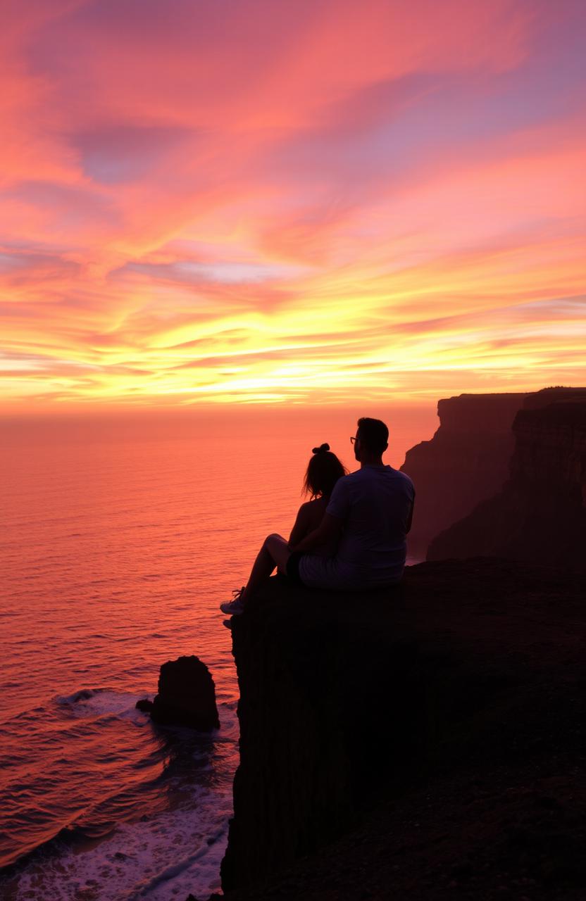 A romantic couple sitting closely together on the edge of a breathtaking cliff, admiring a vibrant sunset that fills the sky with hues of orange, pink, and purple