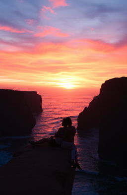 A romantic couple sitting closely together on the edge of a breathtaking cliff, admiring a vibrant sunset that fills the sky with hues of orange, pink, and purple