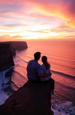 A romantic couple sitting closely together on the edge of a breathtaking cliff, admiring a vibrant sunset that fills the sky with hues of orange, pink, and purple