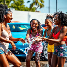 A dynamic scene featuring several black girls joyfully washing cars